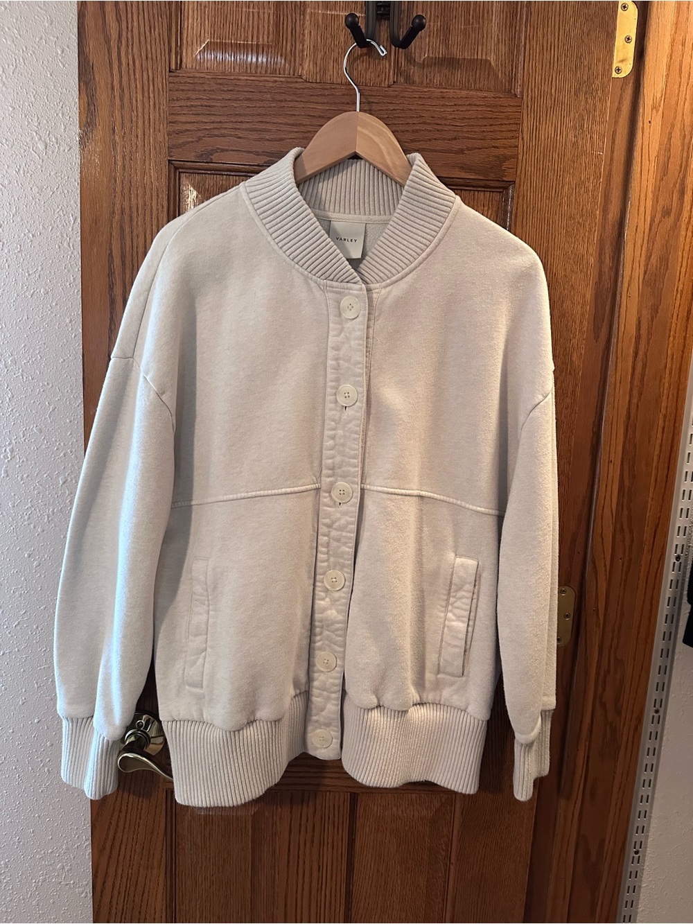 Varley Cream Ribbed Button-Up Bomber Jacket